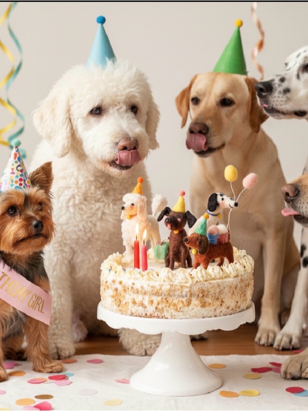 Party Dog Cake Topper Set - Colorful Felt Dog Figurines